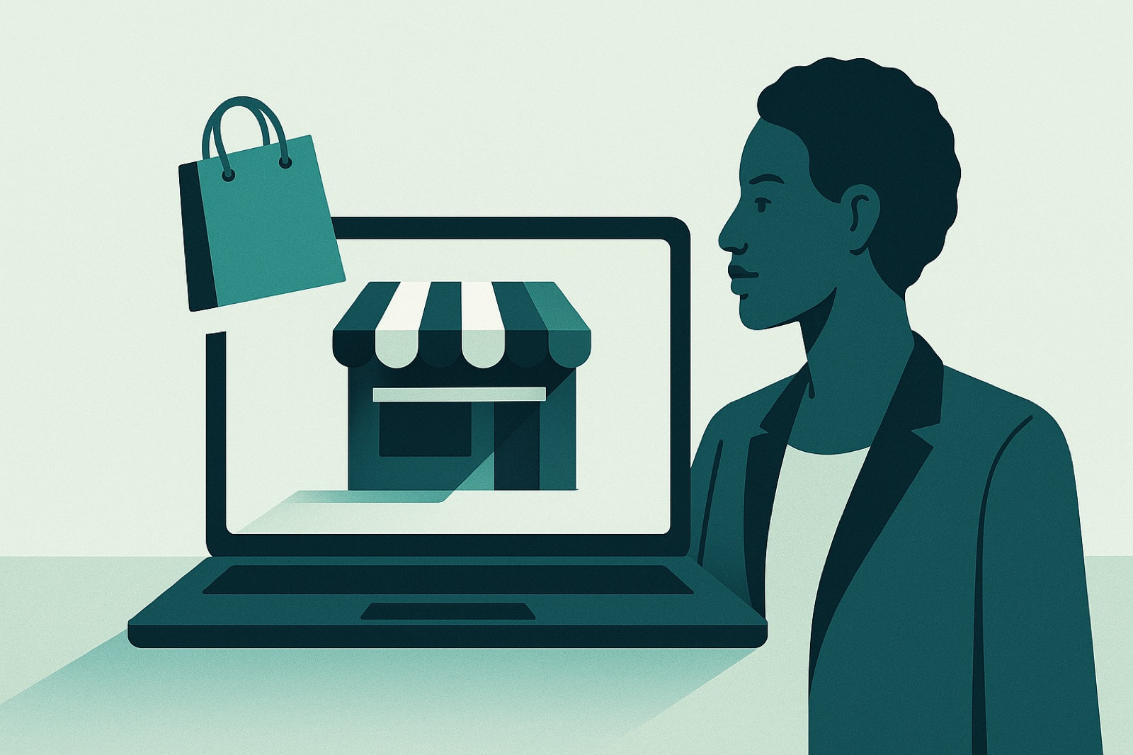 Flat teal illustration of an online store on a laptop screen with a shopping bag, representing launching a Shopify store